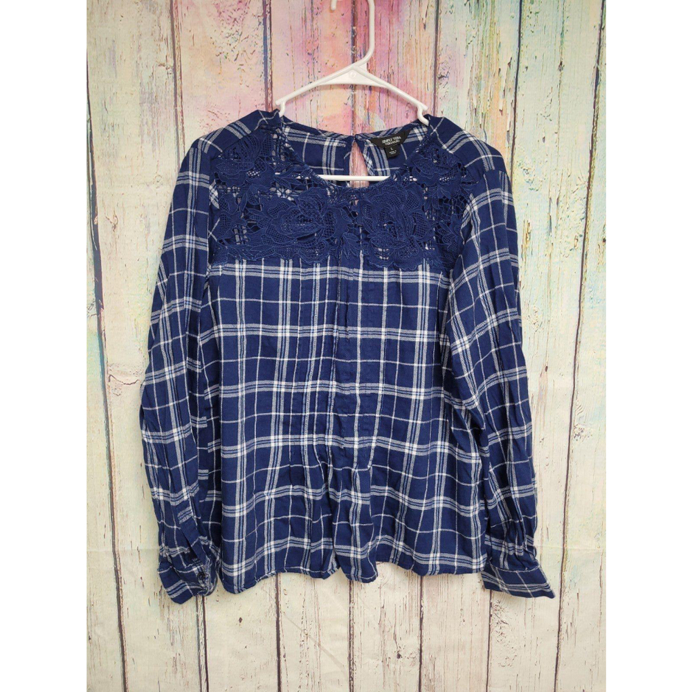 Simply‎ Vera VeraWang blue long sleep plaid blouse
